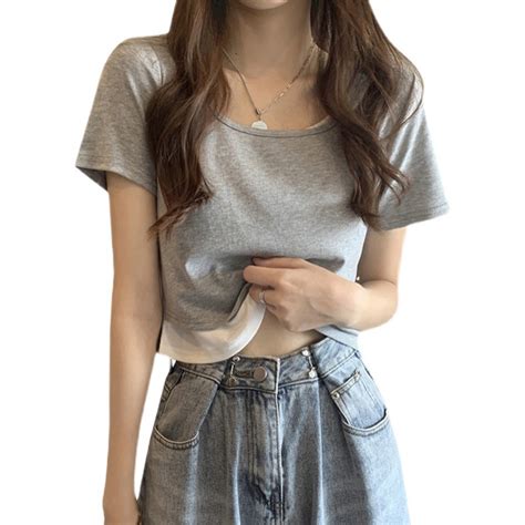 超火短袖T恤女2023夏韩版潮网红学生假两件短款高腰修身上衣 - 三坑日记