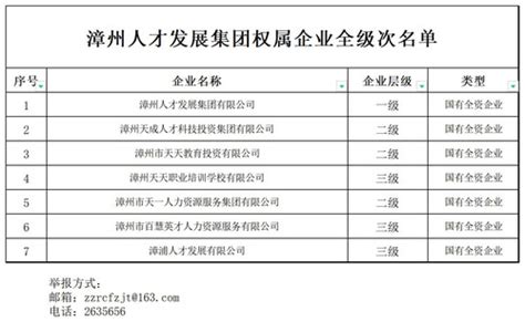 关于漳州人才发展集团权属企业全级次名单的公示-漳州人才发展集团官网