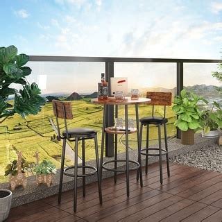 3-Piece Industrial Bar Table Set with 2 PU Leather Stools, Round ...