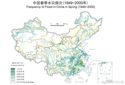 1949年-2000年，中国春夏秋冬四季节水灾频率地图