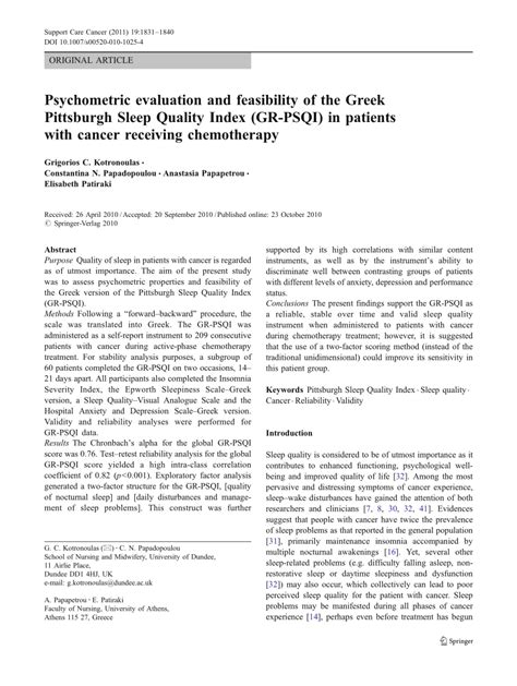 (PDF) Psychometric evaluation and feasibility of the Greek Pittsburgh ...