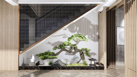 新中式景观小品 楼梯间小景观 泰山石 松树 原创SU模型 景观场景SU模型