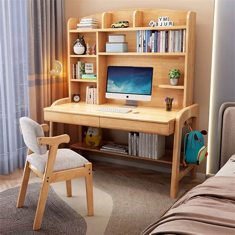 实木书桌可升降儿童学习桌卧室书架一体学生写字桌家用办公电脑桌-淘宝网