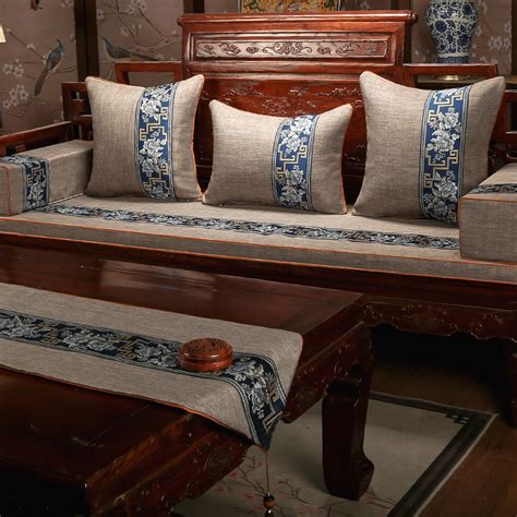 新中式红木沙发坐垫亚麻罗汉床垫子五件套乳胶椰棕实木椅座垫定制_虎窝淘