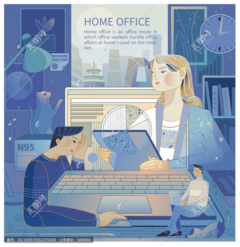 卡通手绘-装修办公室书房室内办公桌电脑摆-好图网