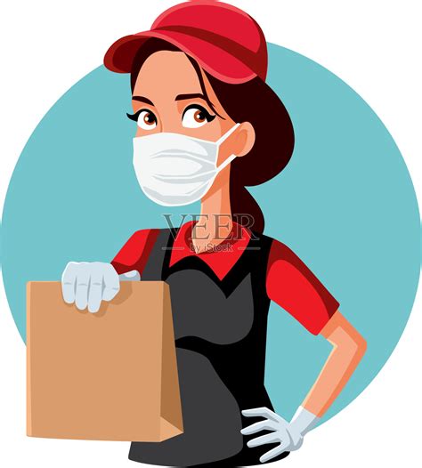 女快餐店员工戴着防护口罩和手套插画图片素材_ID:383682264-Veer图库