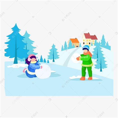 手绘小雪冬季雪地里堆雪人的男孩女孩原创插画素材免费下载 - 觅知网