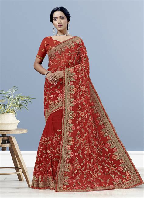 Buy Red Net Embroidered Classic Saree : 217007