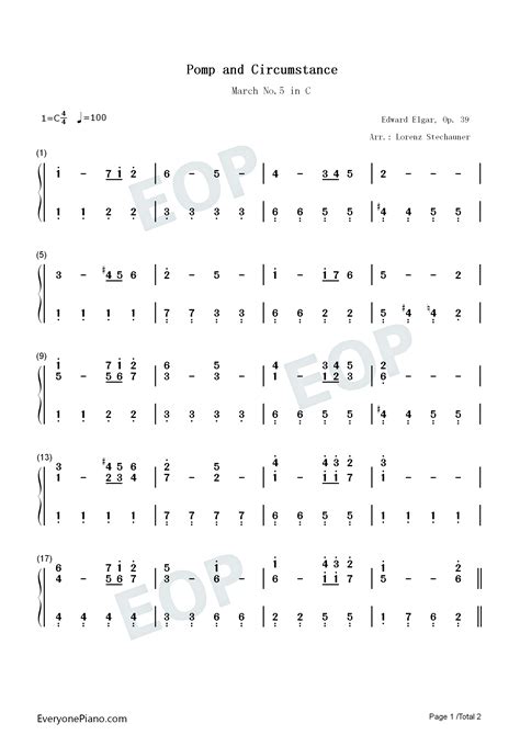 威风堂堂进行曲C大调第五进行曲-Pomp and Circumstance-钢琴谱文件（五线谱、双手简谱、数字谱、Midi、PDF）免费下载