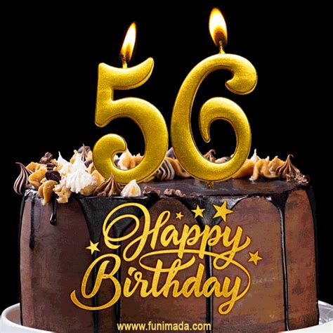 56 Birthday Chocolate Cake with Gold Glitter Number 56 Candles (GIF) | Funimada.com