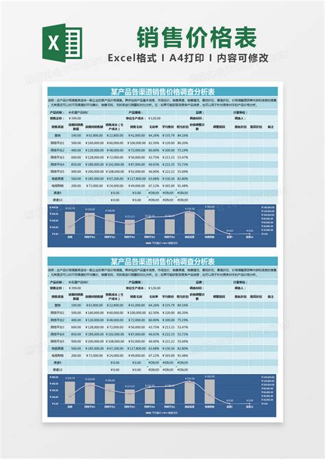 蓝色简约某产品各渠道销售价格调查分析表模版Excel模板下载_熊猫办公