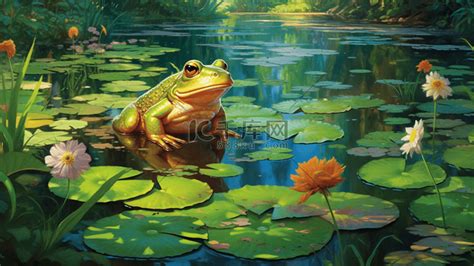 夏天的荷塘里有一只青蛙插画图片-千库网