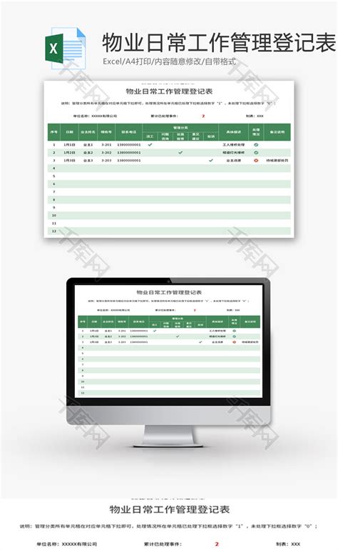 物业日常工作管理登记表Excel模板_千库网(excelID：168227)