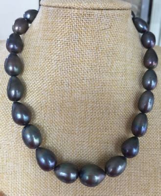 Huge 18"15-16 mm natural Tahitian genuine black pearl necklace 523AAA ...
