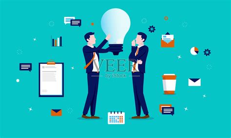 创新创业公司-两个企业家有一个大想法灯泡思考和计划新的业务插画图片素材_ID:377046032-Veer图库