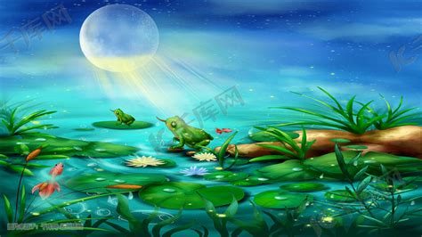 夏日夏天池塘里面的荷花旁边的青蛙和鱼插画图片-千库网