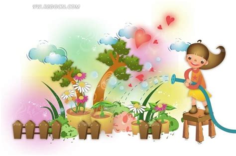 给花园花朵绿苗浇水的小女孩AI素材免费下载_红动中国