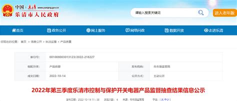 2022年第三季度浙江省乐清市控制与保护开关电器产品监督抽查结果信息公示-中国质量新闻网