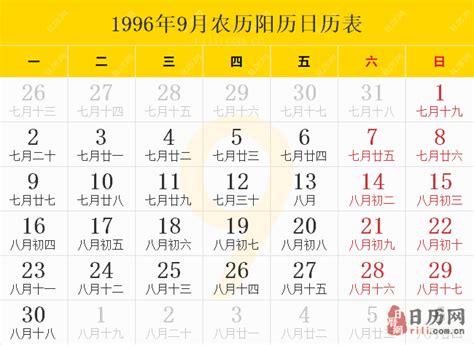 1996年日历表,1996年农历表（阴历阳历节日对照表） - 日历网