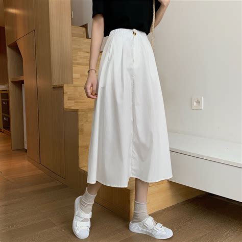 夏季2020新款韩版学生工装A字裙高腰显瘦中长款过膝白色半身裙女-阿里巴巴