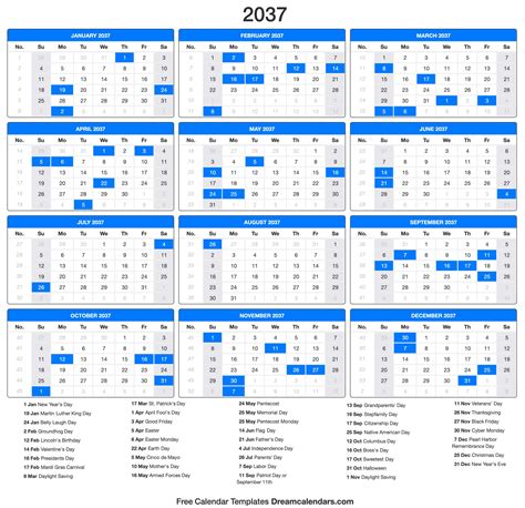 2037 Calendar with Monday Start