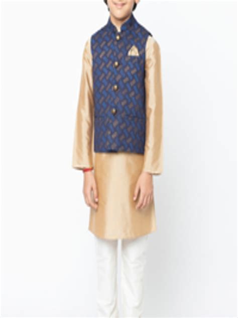 Buy KISAH Boys Gold Toned & Navy Blue Solid Kurta With Pyjamas & Nehru ...