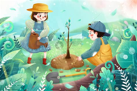 清新植树节孩子们种树春季环保插画插画图片下载-正版图片401680675-摄图网
