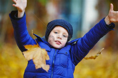 秋天在户外快乐美丽小男孩的画像孩子拿着黄色的枫叶孩子吐出秋高清图片下载-正版图片506222866-摄图网