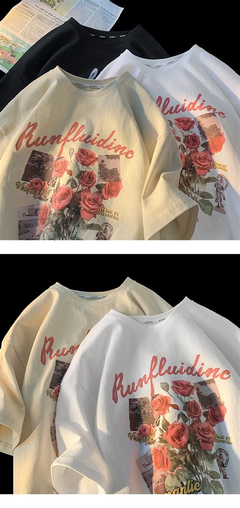 vintage美式重磅T恤男设计感小众无性别花卉玫瑰短袖oversize半袖-阿里巴巴