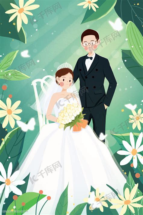 小清新婚礼新婚夫妇插画图片-千库网