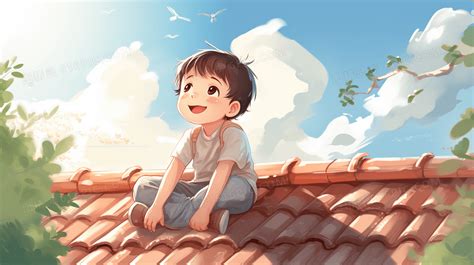 坐在屋顶上玩耍的男孩插画背景图片下载_2912x1632像素JPG格式_编号1pyfkndo1_图精灵