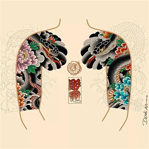 蛇牡丹，老传统纹身，半胛，纹身手稿