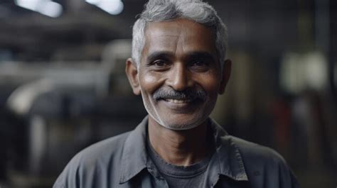 Um trabalhador de fábrica masculino indiano sênior sorridente em pé na ...