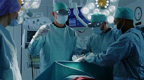 外科医生戴着增强现实眼镜在技术先进的医院进行最先进的手术。医生和助手在手术室共同工作。视频素材_ID:VCG42N959572986-VCG.COM