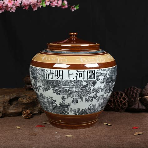 景德镇陶瓷米缸面粉桶家用50斤100装储米箱带盖清明上河图密封罐 | 景德镇名瓷在线