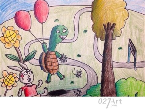 龟兔赛跑画画作品之聪明的小乌龟 — 儿童蜡笔画图片大全
