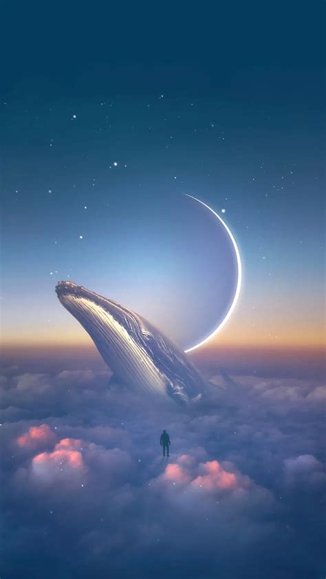 唯美天空梦幻彩色云彩中巨大的海豚创意治愈系插画图片素材下载_jpg格式_熊猫办公