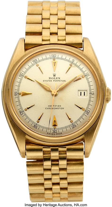 Rolex 4467 Oyster Perpetual 18k YG Bubble Back White Dial with Leather ...