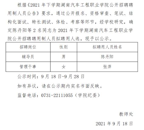 2021年下学期湖南汽车工程职业学院公开招聘聘用制人员拟聘用人员名单公示