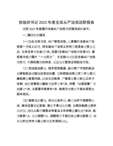 党组织书记2023年度全面从严治党述职报告|2gw.vip - 爱公文
