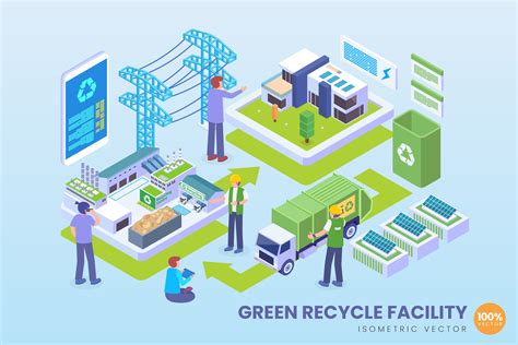 绿色循环环保工厂场景等距矢量科技概念插画v2 Isometric Green Recycle Facility Vector Concept ...
