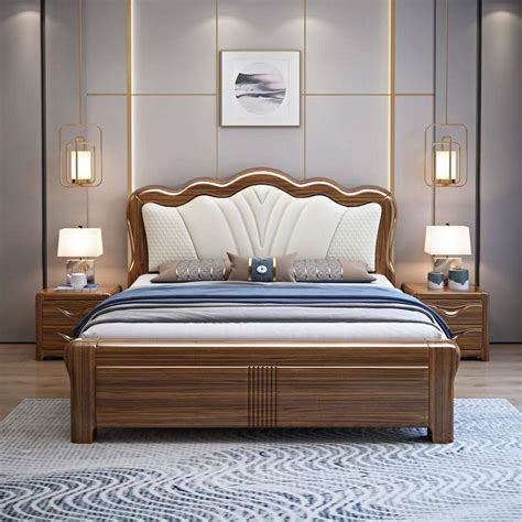 现代全实木床1.8米双人床高端加厚乌金木纹软靠包新中式床-淘宝网