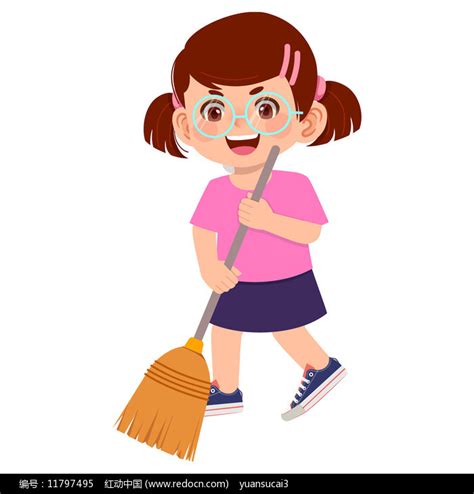手绘卡通拿着扫把扫地的女孩子图片免费下载_PNG素材_编号vgpi4xd8p_图精灵