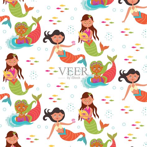 海洋宝宝图案美人鱼鱼水下世界插画图片素材_ID:424349961-Veer图库