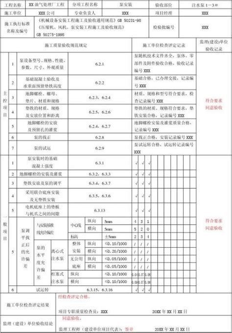 表A.1 注水泵安装工程检验批质量验收记录表 - 范文118