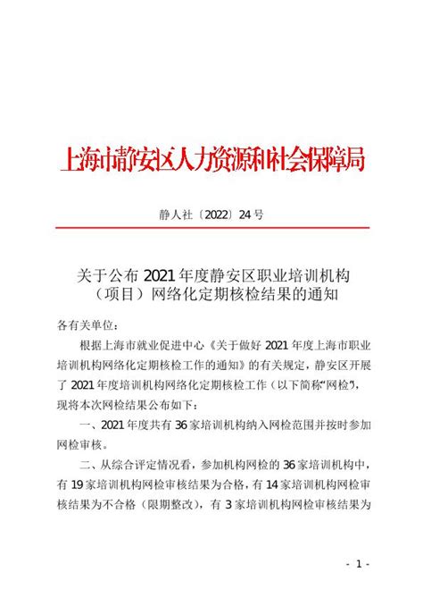 关于公布2021年度静安区职业培训机构（项目）网络化定期核检结果的通知