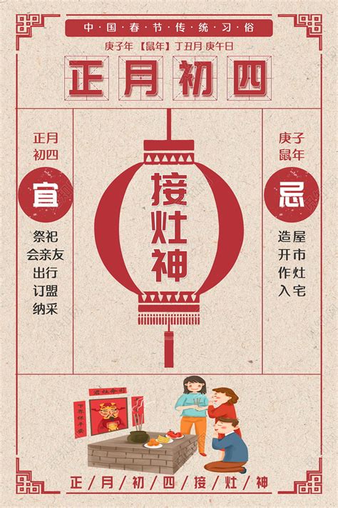 红色系列2020鼠年复古正月初四接灶神春节习俗大年初一至初七图海报图片下载 - 觅知网