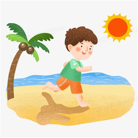 手绘卡通男孩光脚在海边奔跑的插画免抠元素PNG图片素材下载_卡通PNG_熊猫办公