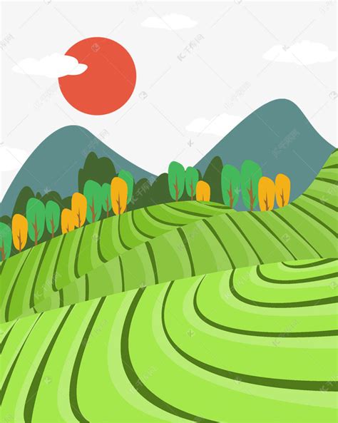 绿色农田自然风景插画图片-千库网