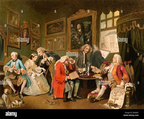 The Marriage Settlement, England, 1700s. Color lithograph of a Hogarth ...